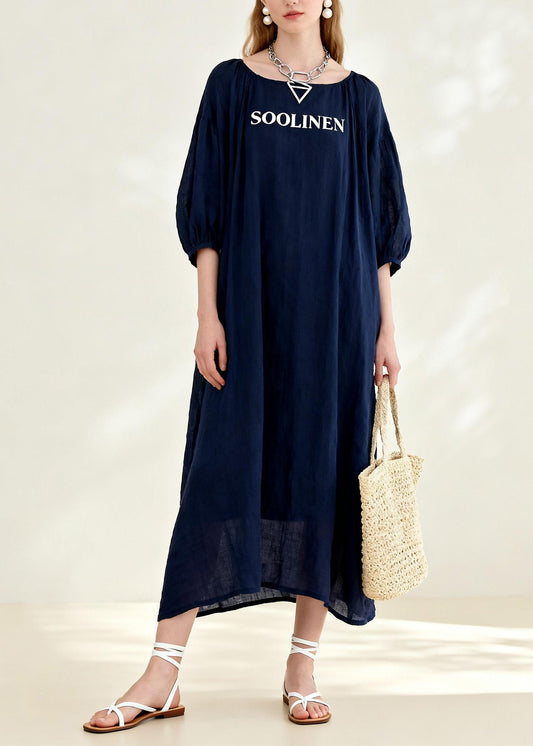 New Navy O Neck Print Linen Long Dress Summer