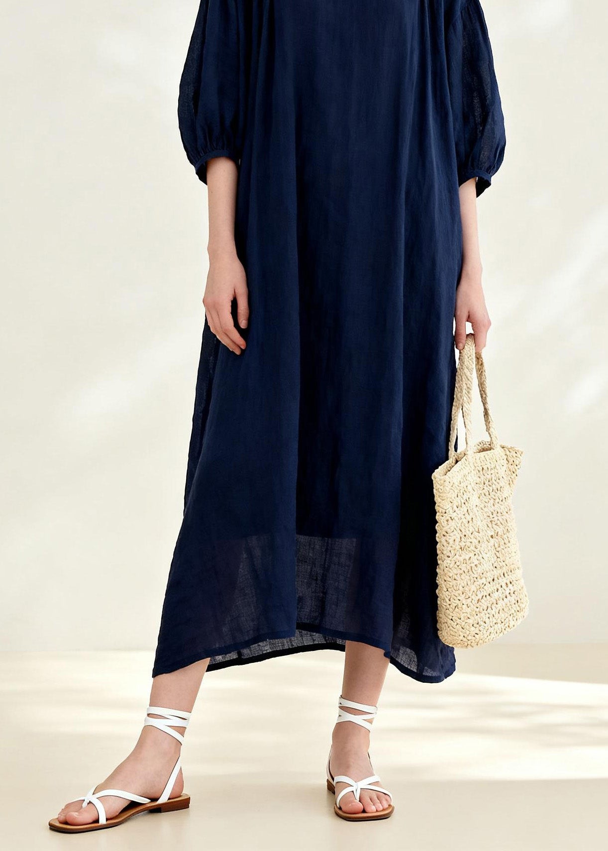 New Navy O Neck Print Linen Long Dress Summer