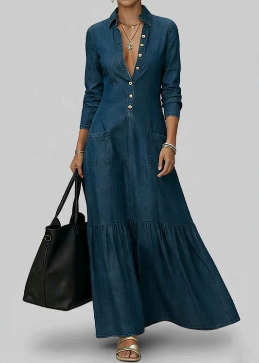 New Navy Peter Pan Collar Pockets Patchwork Denim Dresses Long Sleeve