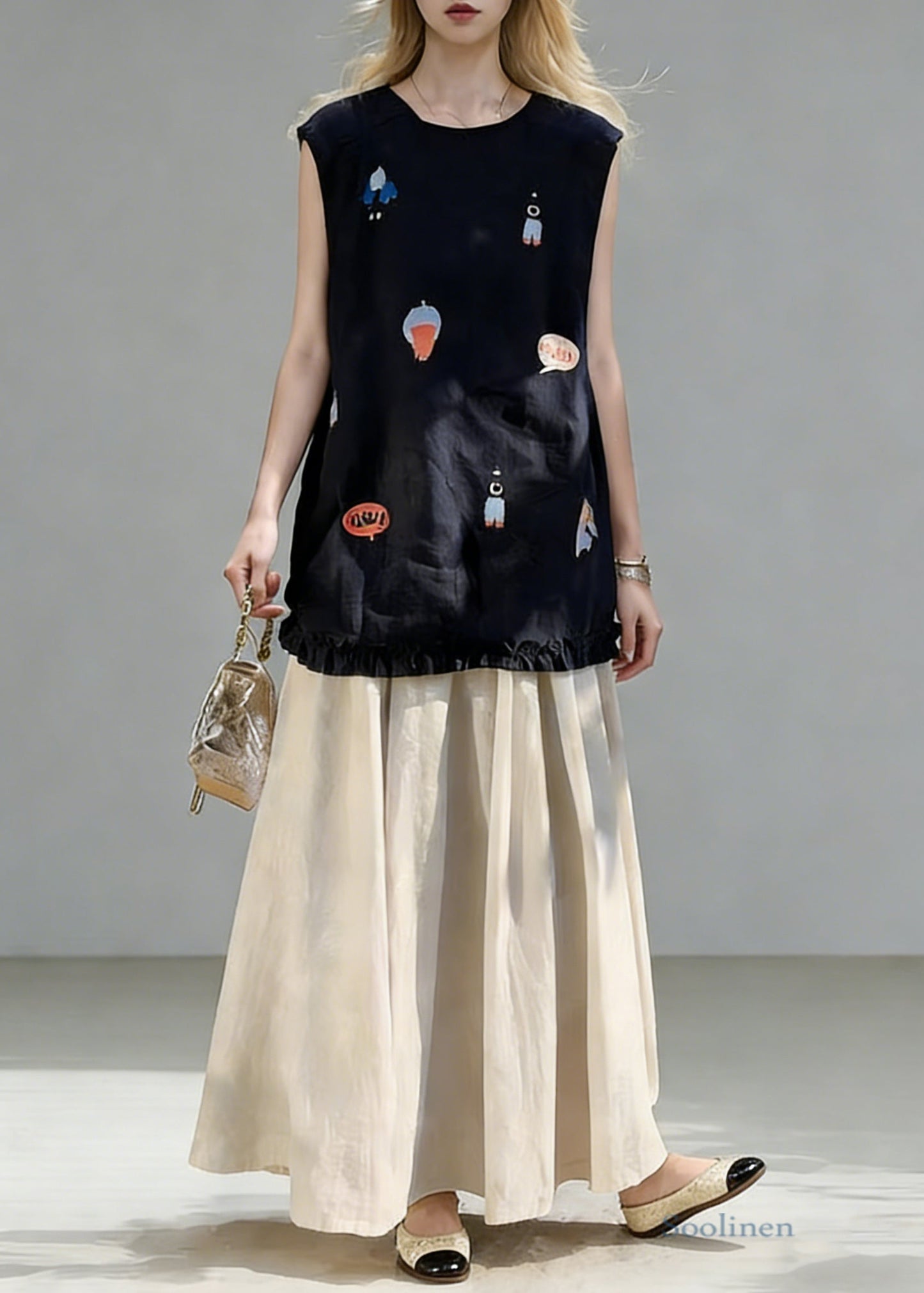 New Navy Print Ruffled Tops And Linen Skirts Two Piece Set Summe