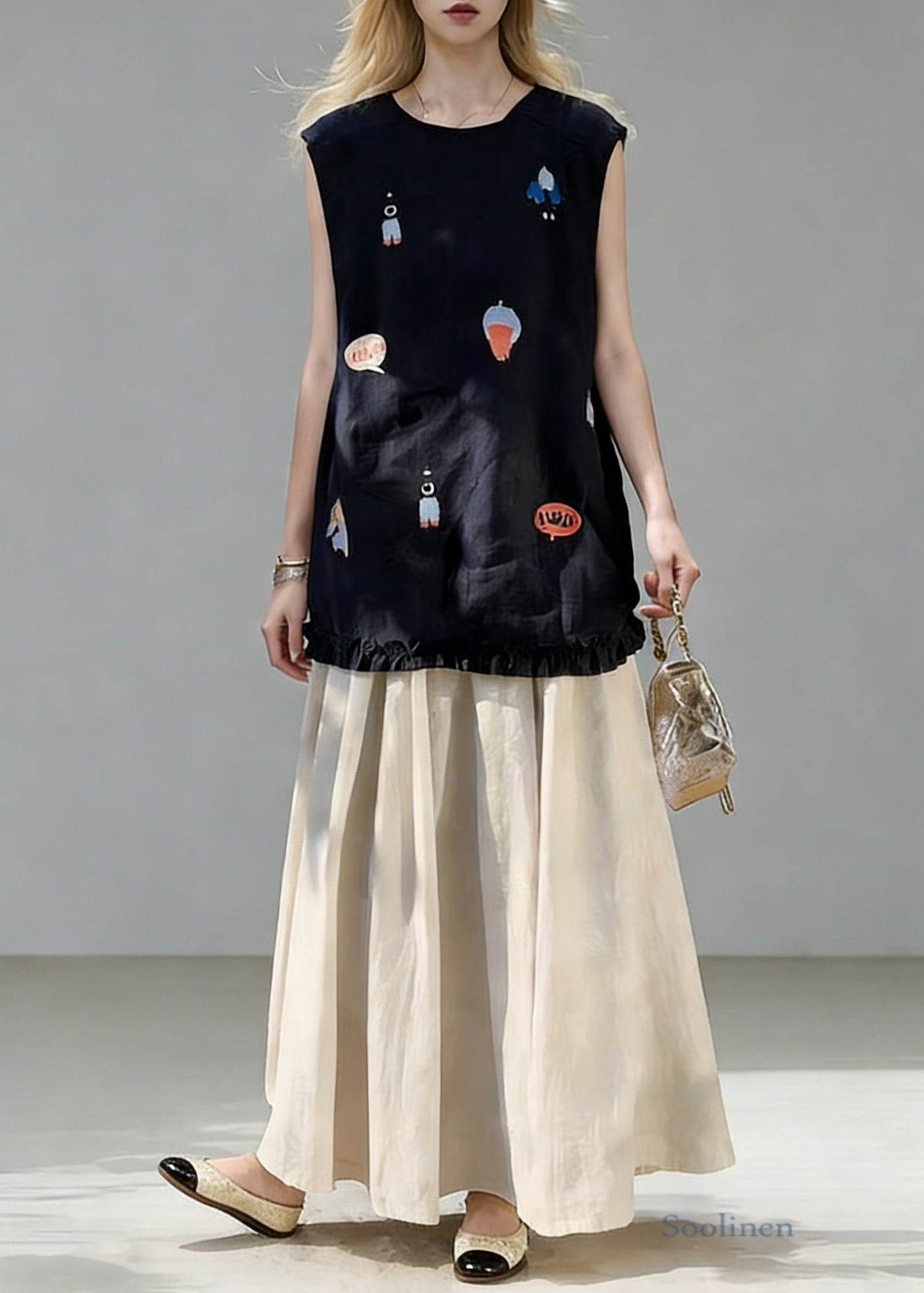 New Navy Print Ruffled Tops And Linen Skirts Two Piece Set Summe