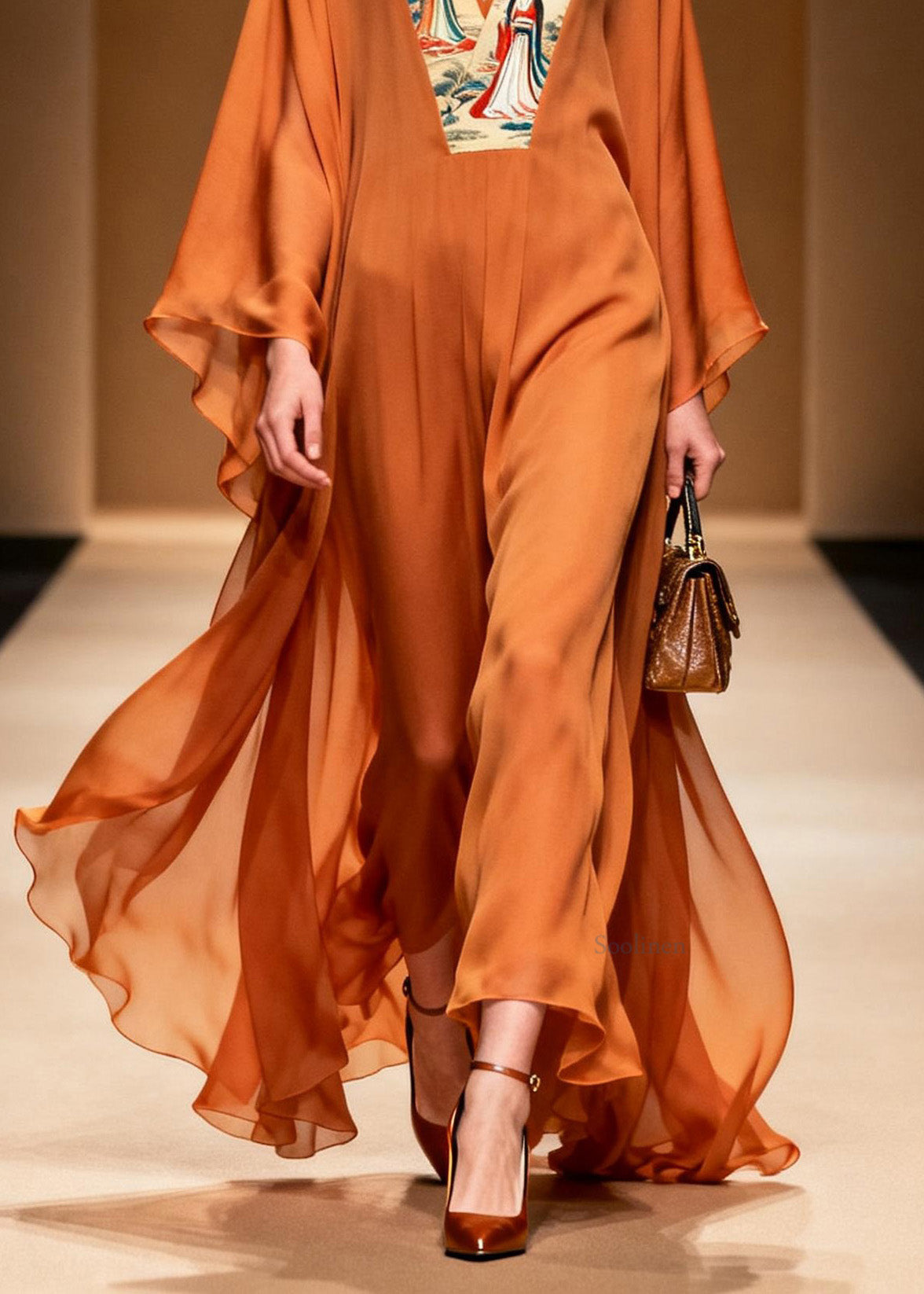 New Orange V Neck Print Patchwork Chiffon Long Dress Spring
