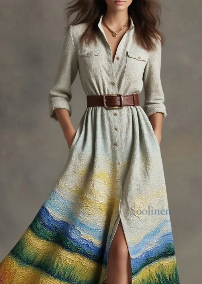 New Peter Pan Collar Print Cotton Button Shirts Dress Spring