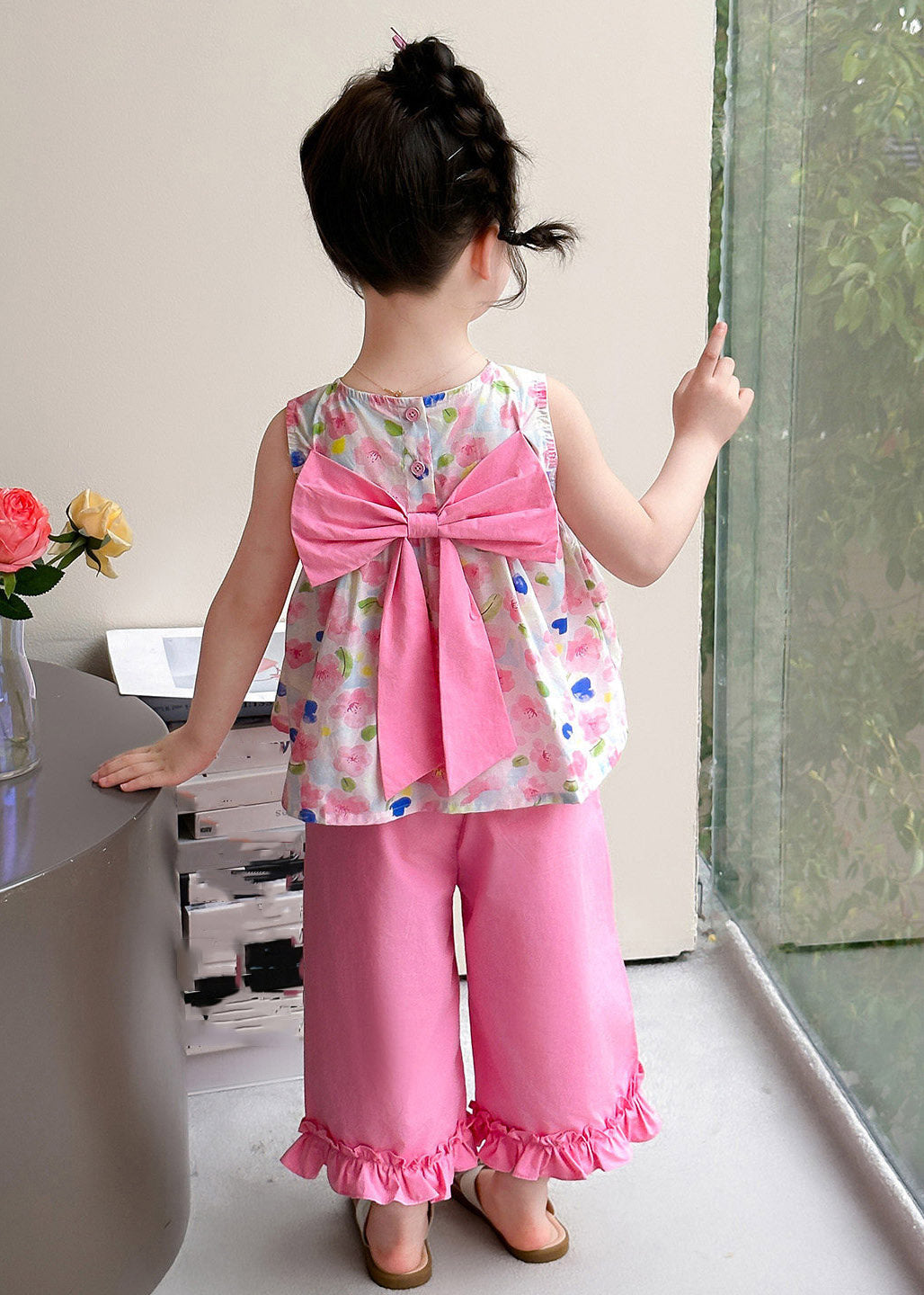 New Pink Print Bow Girls Vest And Crop Pants Two Pieces Set Summer