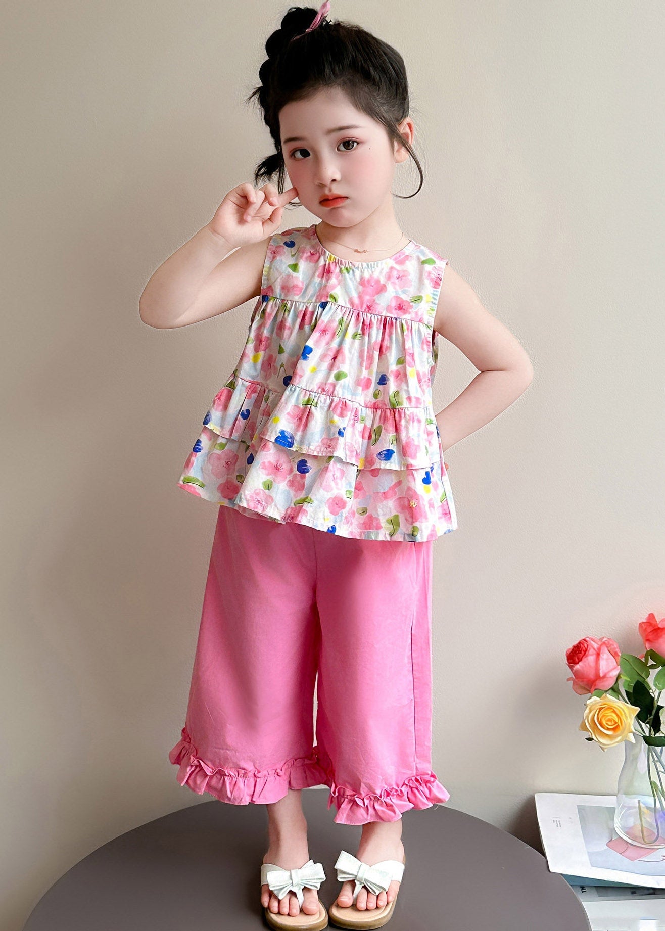 New Pink Print Bow Girls Vest And Crop Pants Two Pieces Set Summer