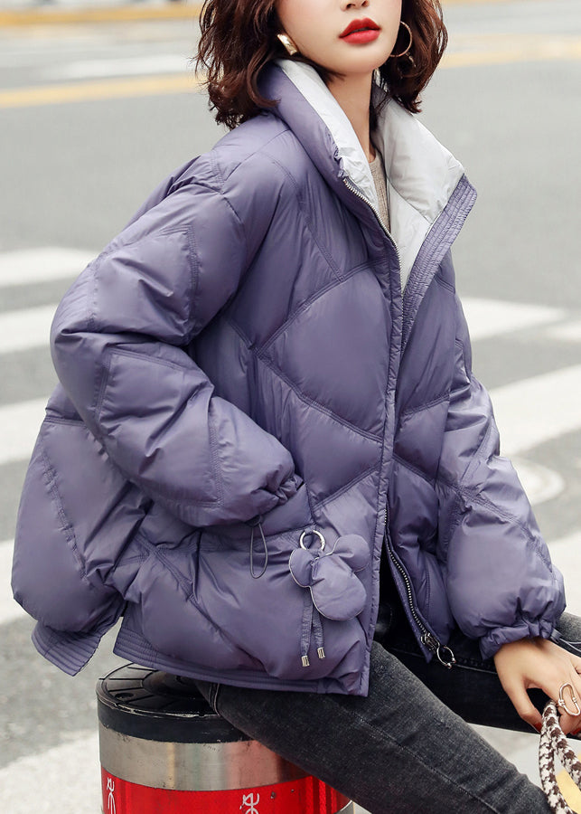 New Purple Stand Collar Pockets Cotton Blend Puffer Jacket Winter