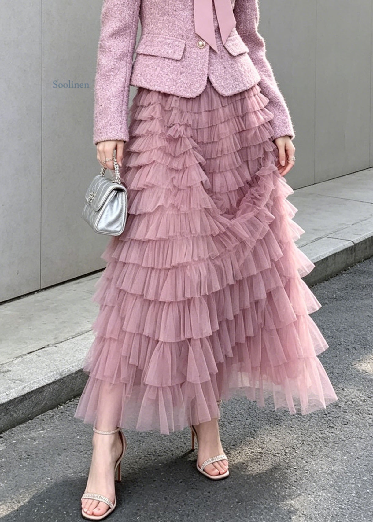 New Purple Woolen Coat And Tulle Ruffled Skirts Women Sets 2 Pieces Fall