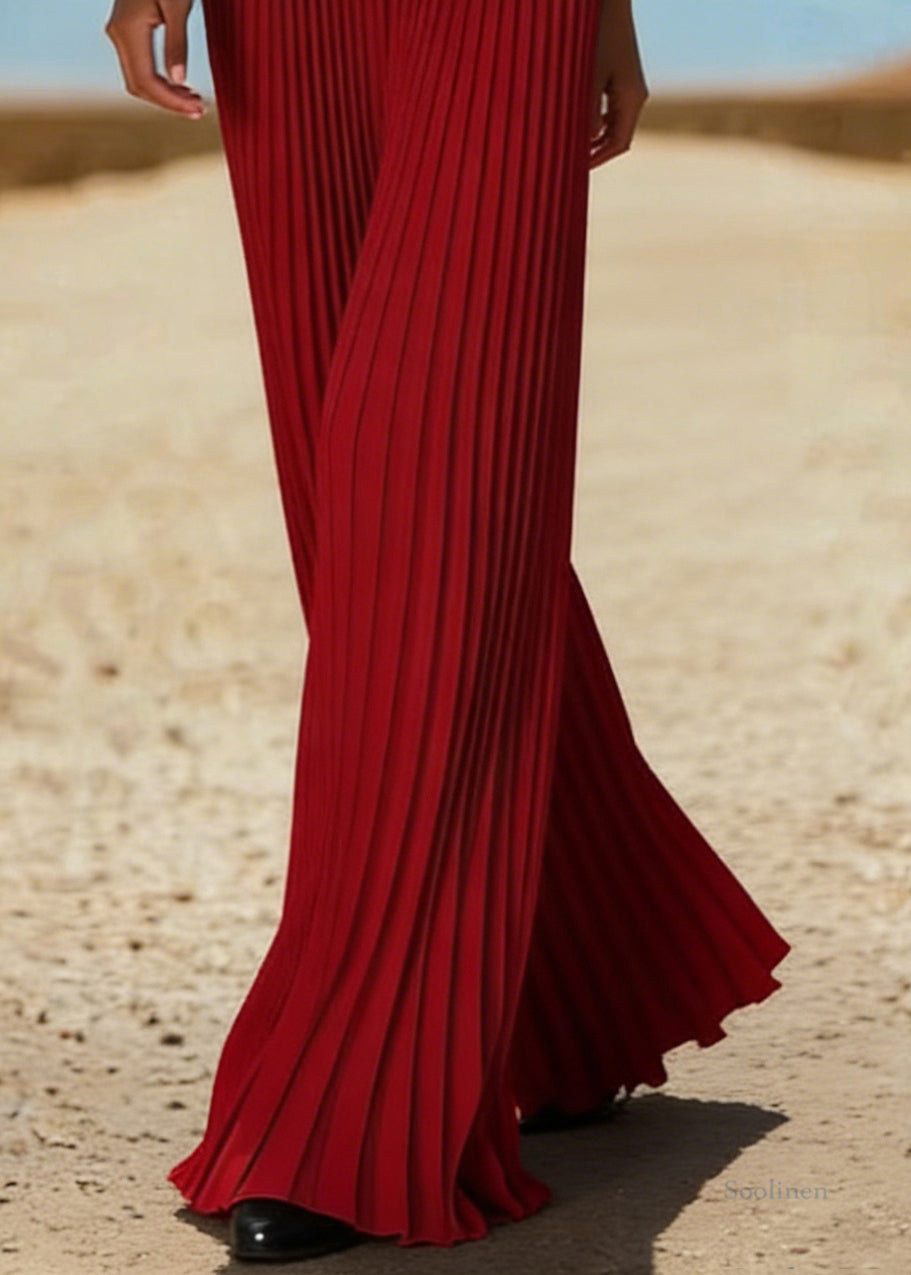 New Red Wrinkled Knit Patchwork Wide Leg Pants Summer