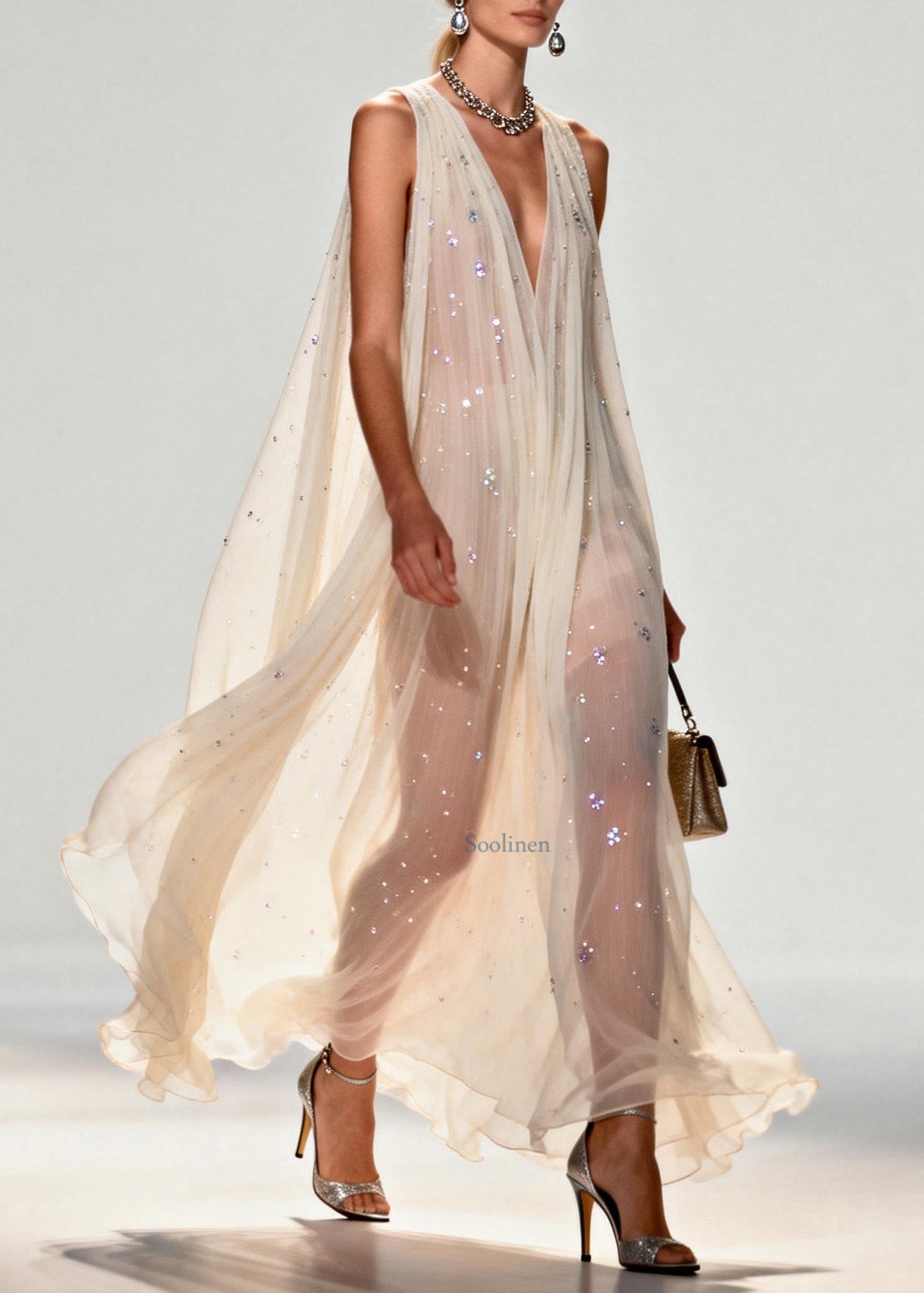 New Style V Neck Zircon Chiffon Maxi Dress Sleeveless