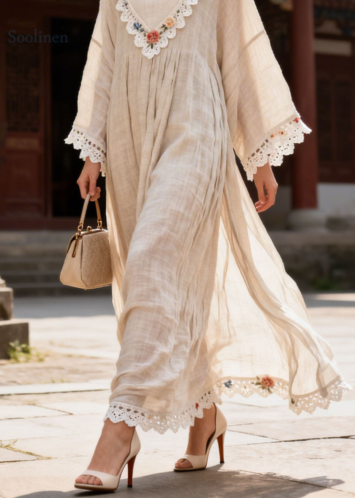 New V Neck Lace Floral Patchwork Cotton Dress Summer