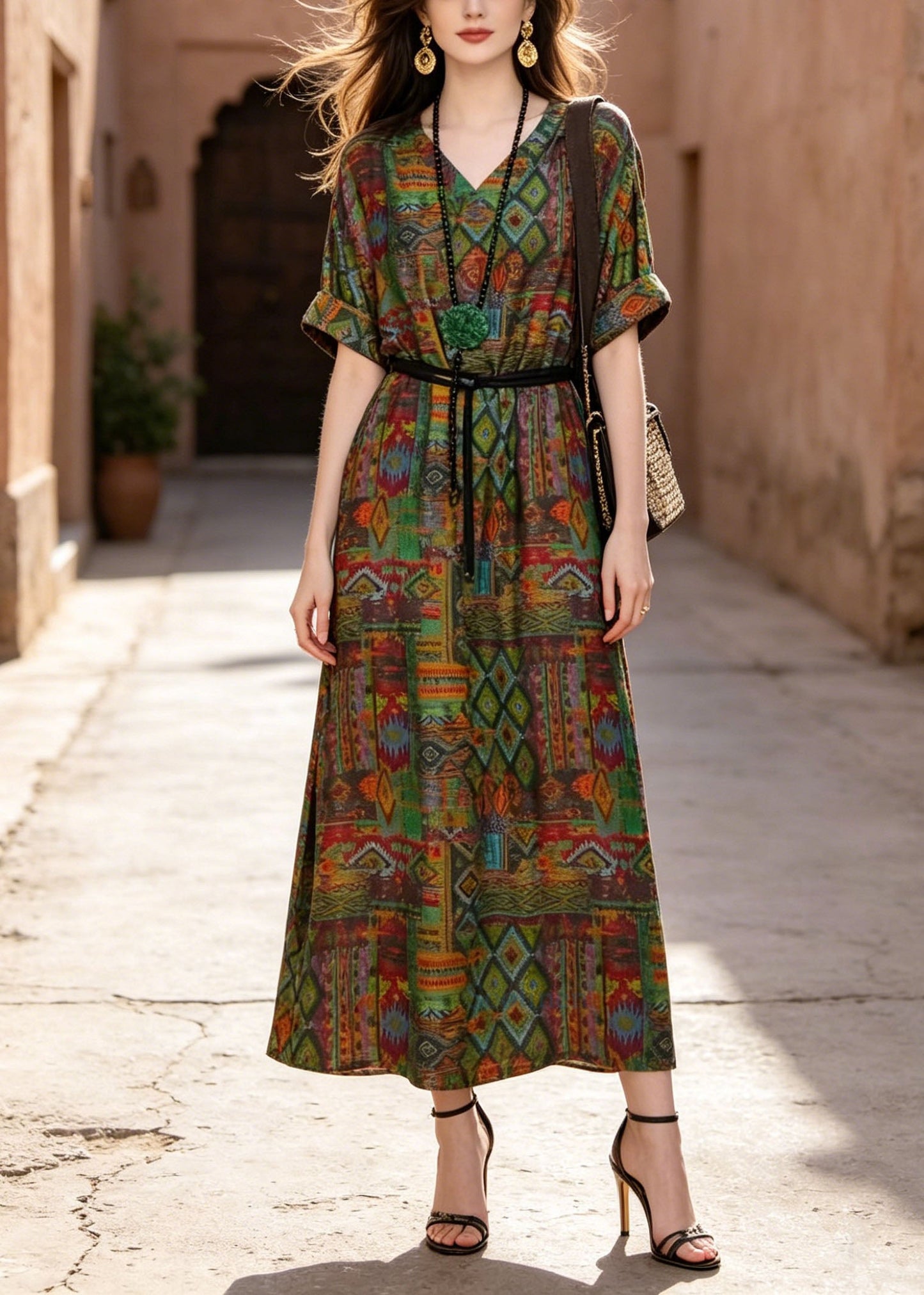 New V Neck Print Pockets Loose Cotton Maxi Dress Summer