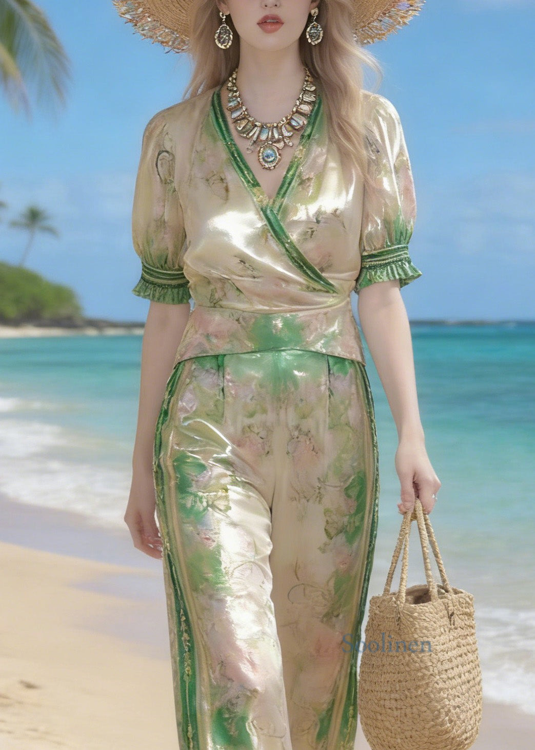 New V Neck Print Top And Pants Silk Two Pieces Set Summer