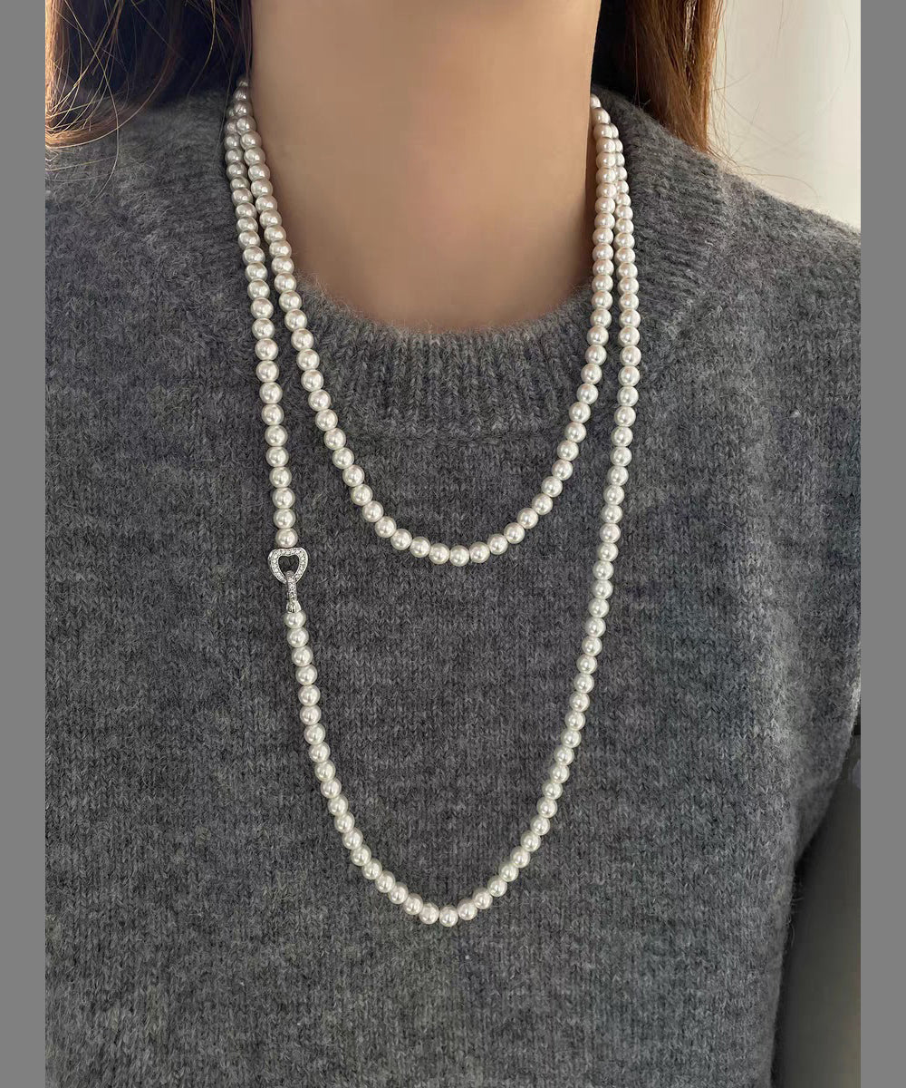 New White Alloy Double-Layer Pearl Beading Lariat Necklace