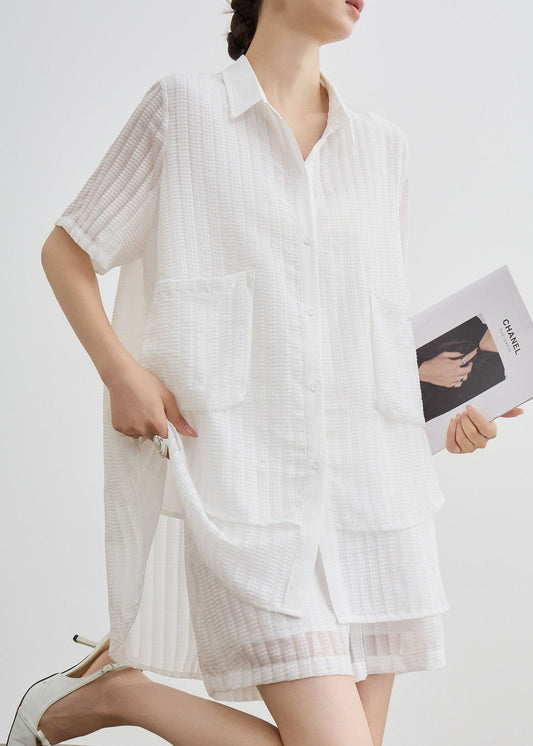 Conjunto de dos piezas de algodón a rayas con cuello Peter Pan blanco para verano