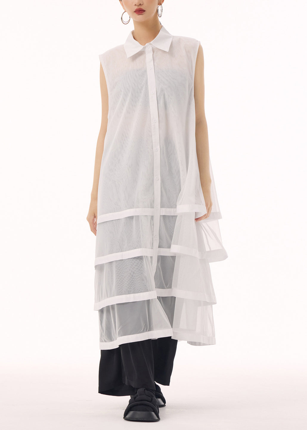 New White Peter Pan Collar Tulle Patchwork Cotton Maxi Dresses Sleeveless