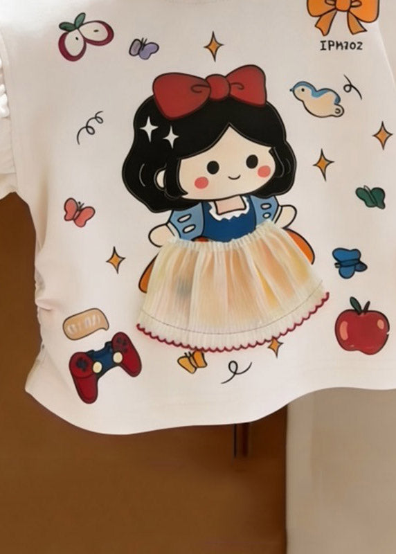 New White Ruffled Patchwork Print Girls T Shirts Summer