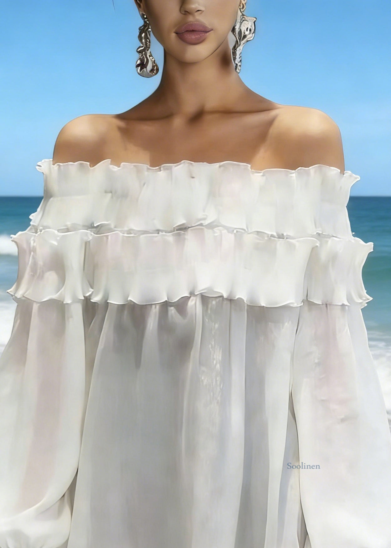 New White Slash Neck Ruffled Solid Chiffon Shirts Spring