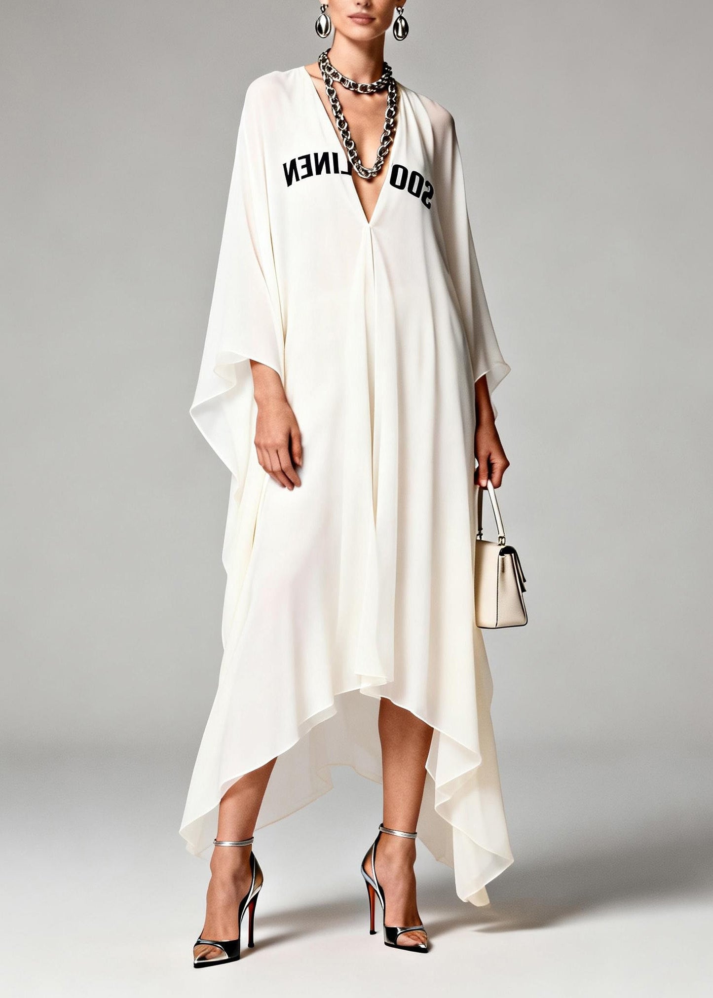 New White V Neck Print Asymmetrical Design Chiffon Dresses Summer