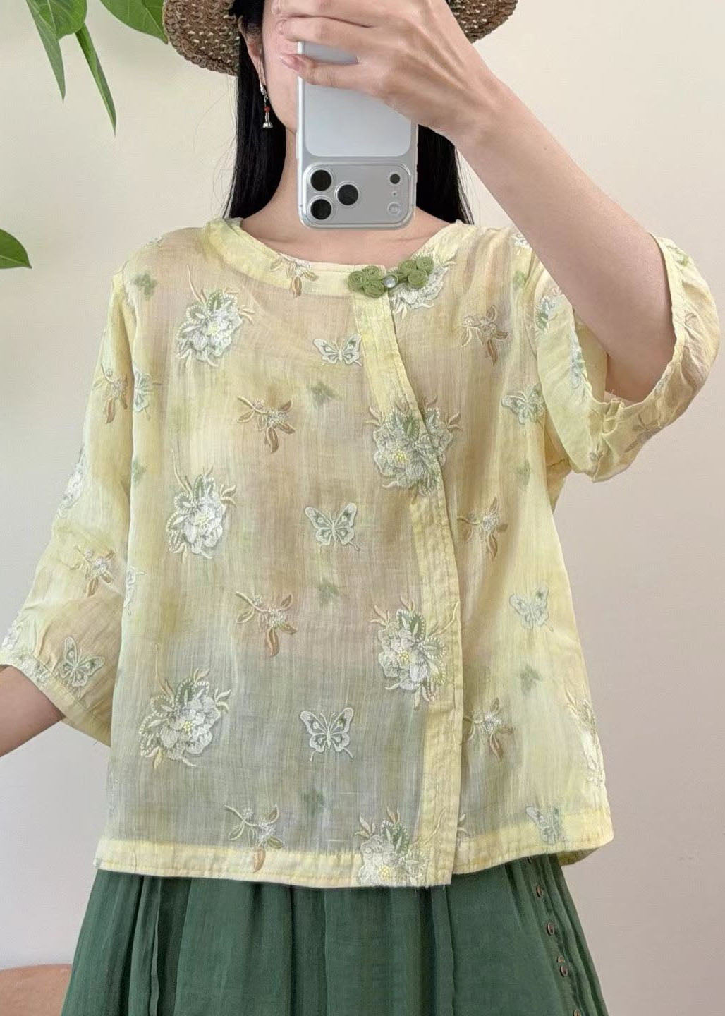 New Yellow O-Neck Embroidered Linen Blouse Top Summer