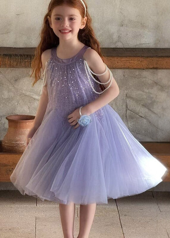 Novelty Purple O-Neck Pearl Patchwork Tulle Kids Maxi Dress Sleeveless