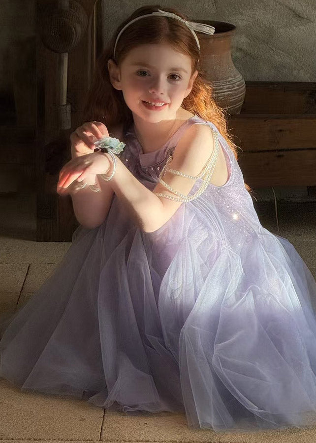 Novelty Purple O-Neck Pearl Patchwork Tulle Kids Maxi Dress Sleeveless