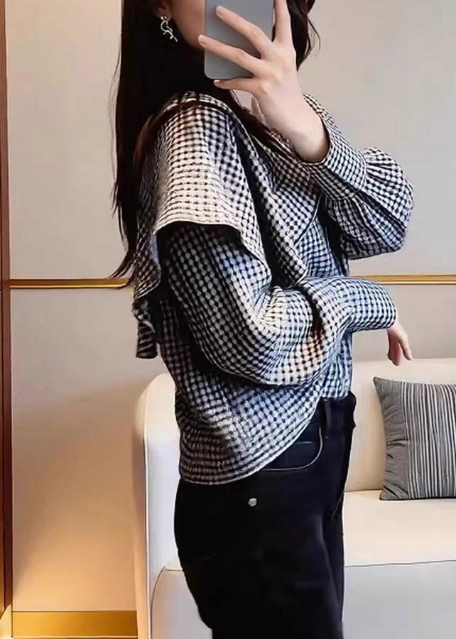 Organic Black White Plaid Peter Pan Collar Shirts Spring