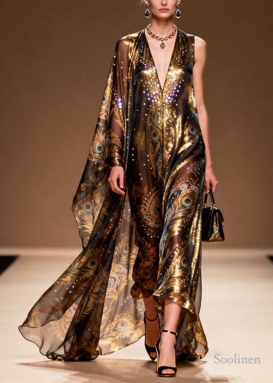 Organic Brown Asymmetrical Print Rhinestone Silk Party Dress Summer