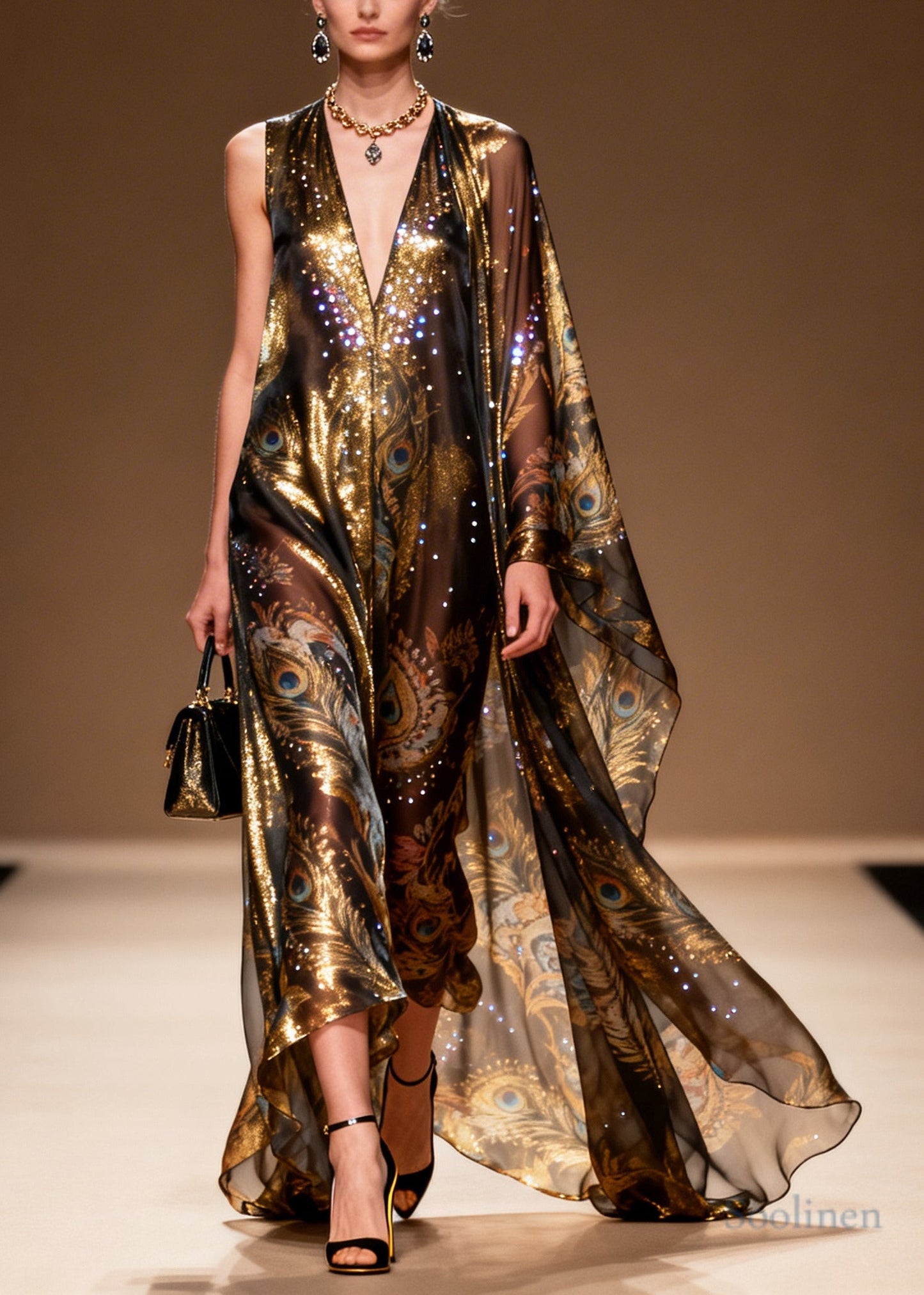 Organic Brown Asymmetrical Print Rhinestone Silk Party Dress Summer