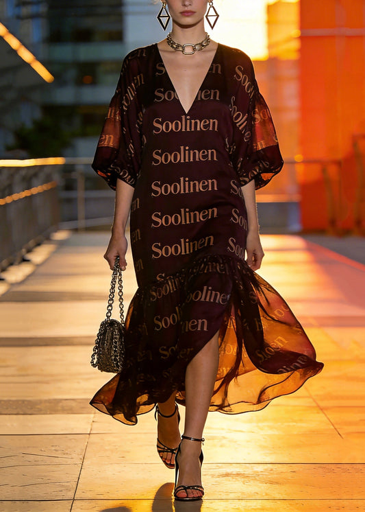 Organic Chocolate V Neck Print Chiffon Maxi Dresses Summer