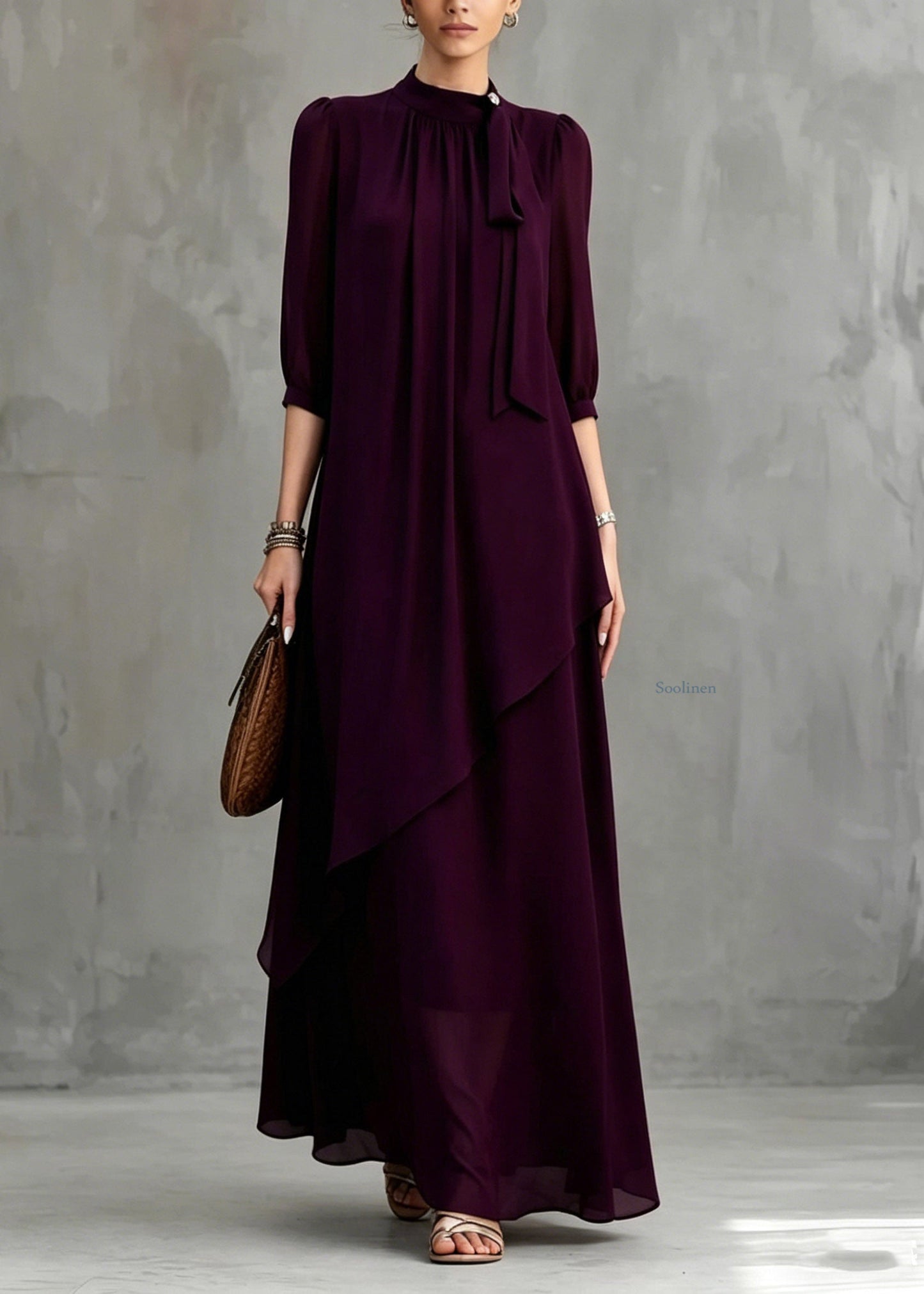 Organic Dark Purple Stand Collar Solid Maxi Dress Half Sleeve
