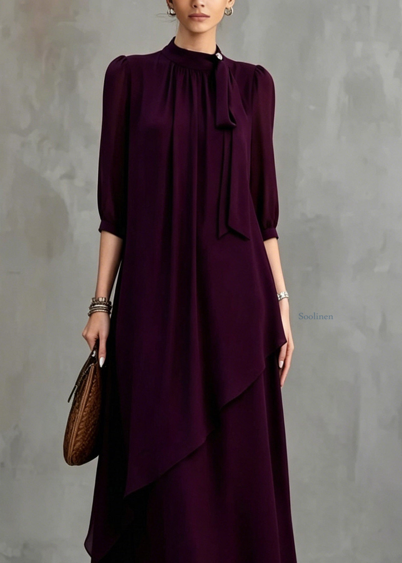 Organic Dark Purple Stand Collar Solid Maxi Dress Half Sleeve