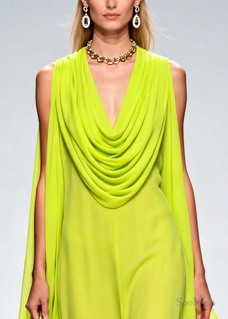 Organic Fluorescent Green Turtle Neck Floral Chiffon Long Dresses Summer