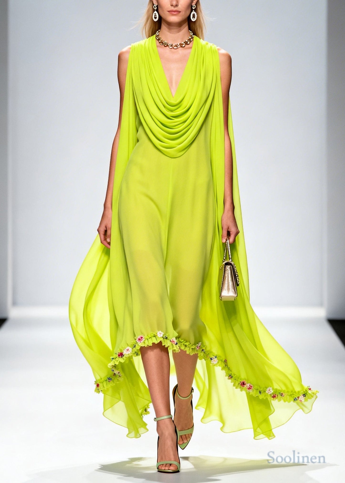 Organic Fluorescent Green Turtle Neck Floral Chiffon Long Dresses Summer