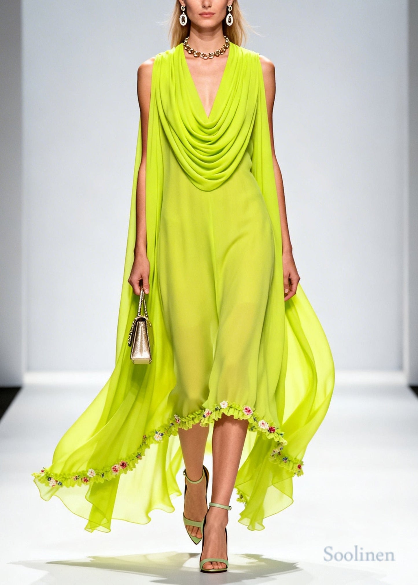 Organic Fluorescent Green Turtle Neck Floral Chiffon Long Dresses Summer