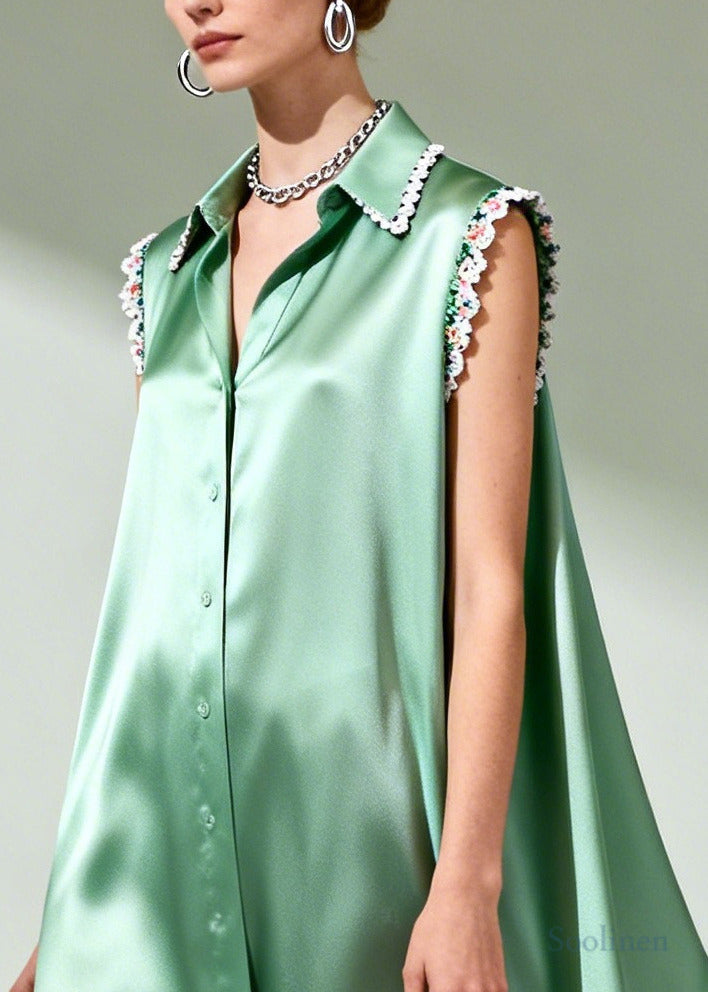 Organic Green Oversized Patchwork Lace Silk Shirt Dresses Summer
