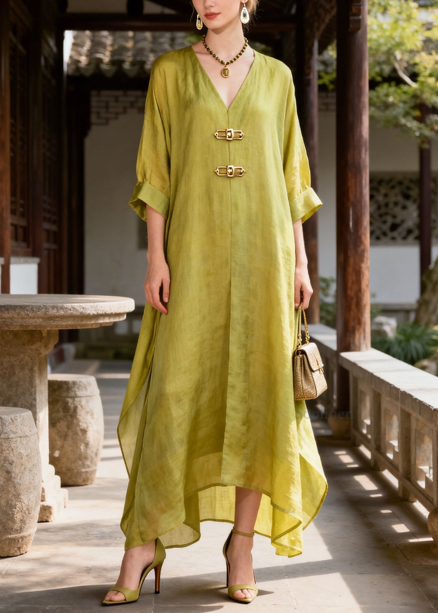 Organic Green V Neck Patchwork Cotton Long Dresses Summer
