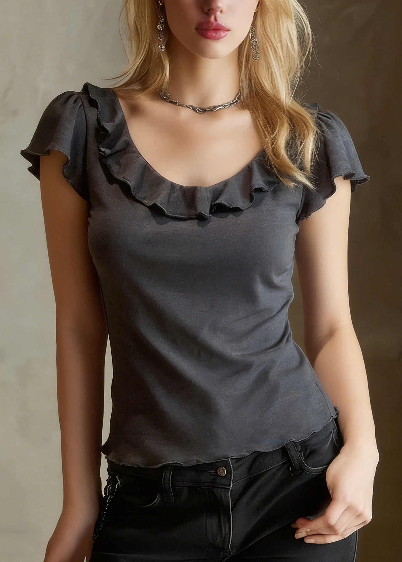 Organic Grey Ruffled Patchwork Solid T Shirt Summer