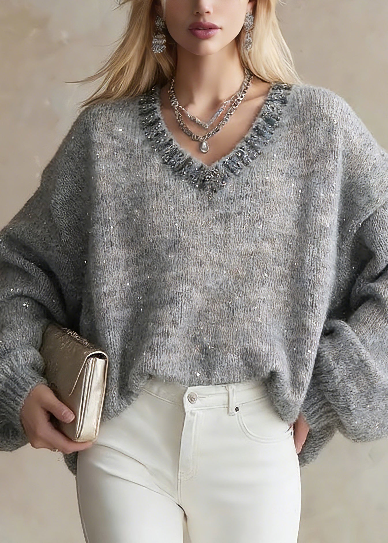 Organic Grey V Neck Zircon Cotton Knit Short Sweater Lantern Sleeve