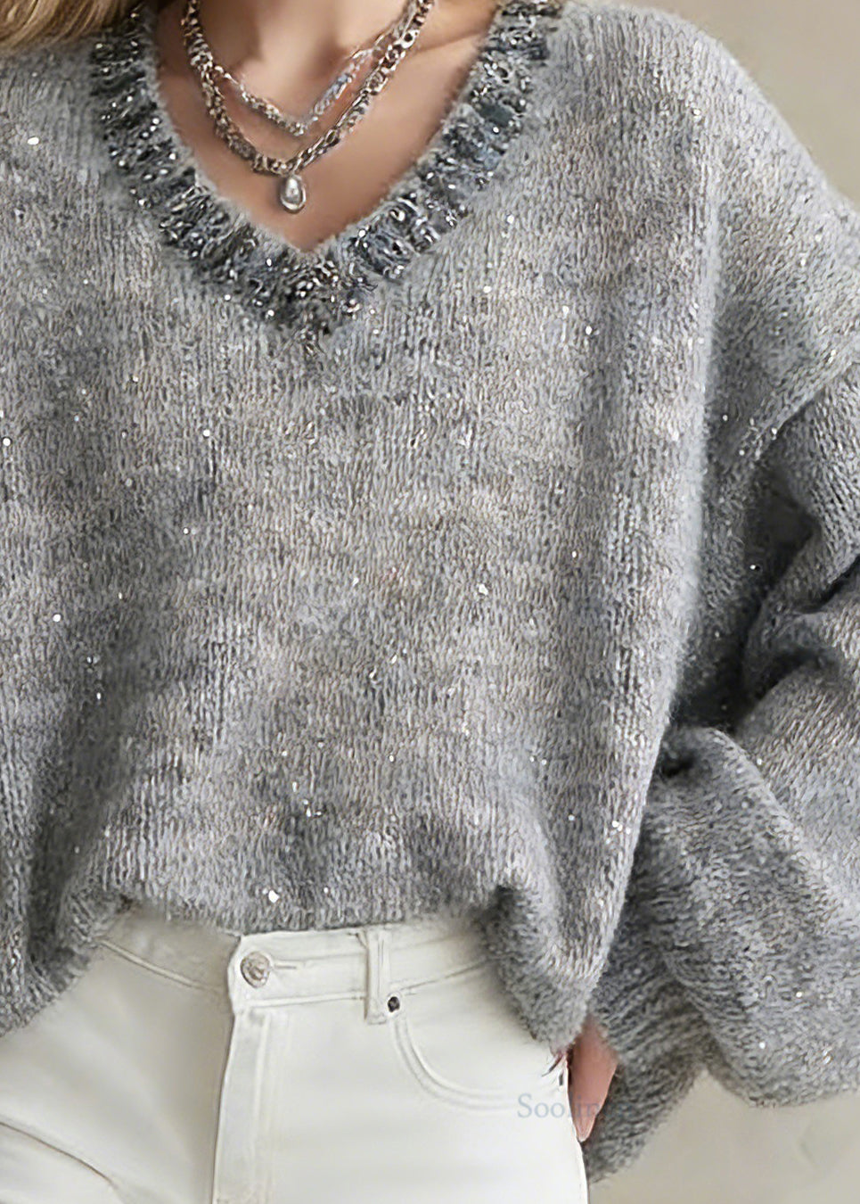 Organic Grey V Neck Zircon Cotton Knit Short Sweater Lantern Sleeve