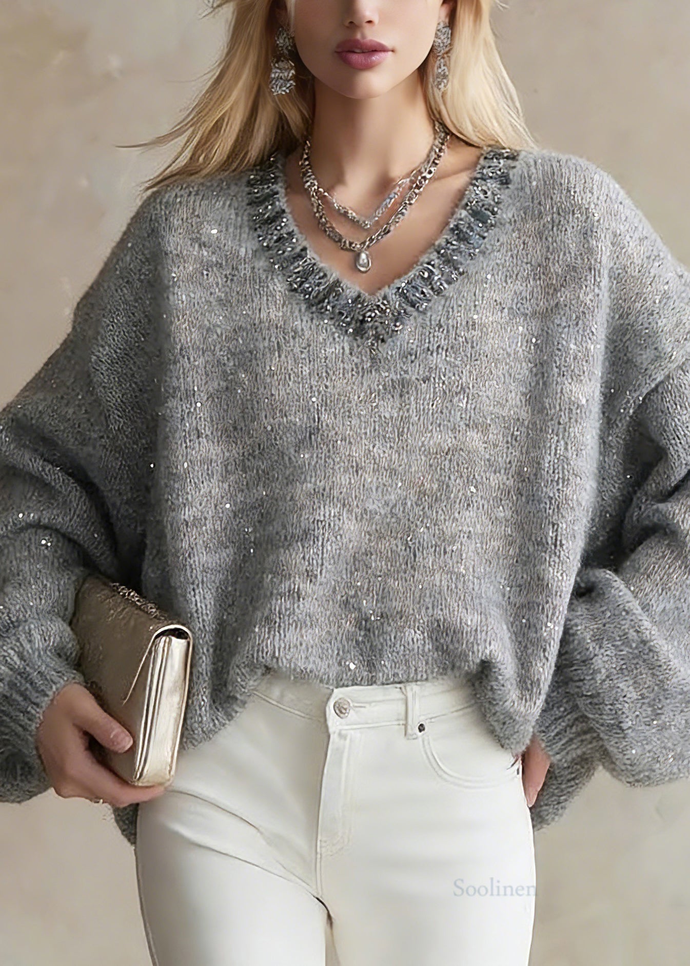 Organic Grey V Neck Zircon Cotton Knit Short Sweater Lantern Sleeve