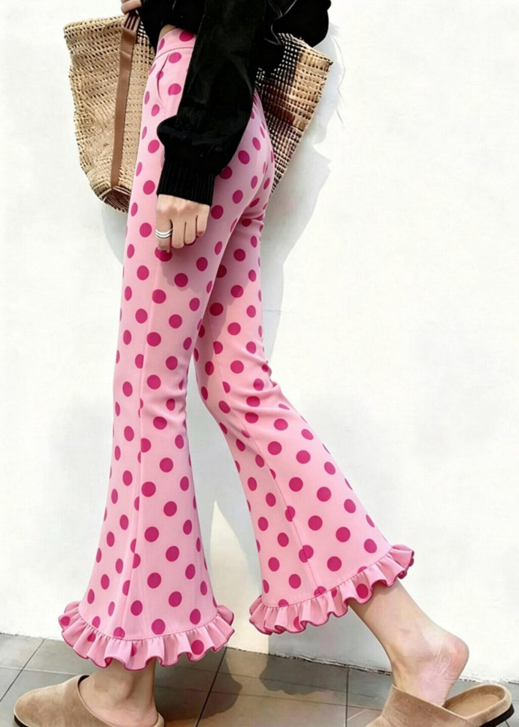 Organic Pink Ruffled Print Cotton Bell-bottom Trousers Summer