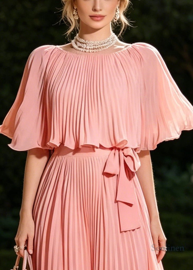 Organic Pink Tie Waist Wrinkled Chiffon Long Dresses Cloak Sleeves