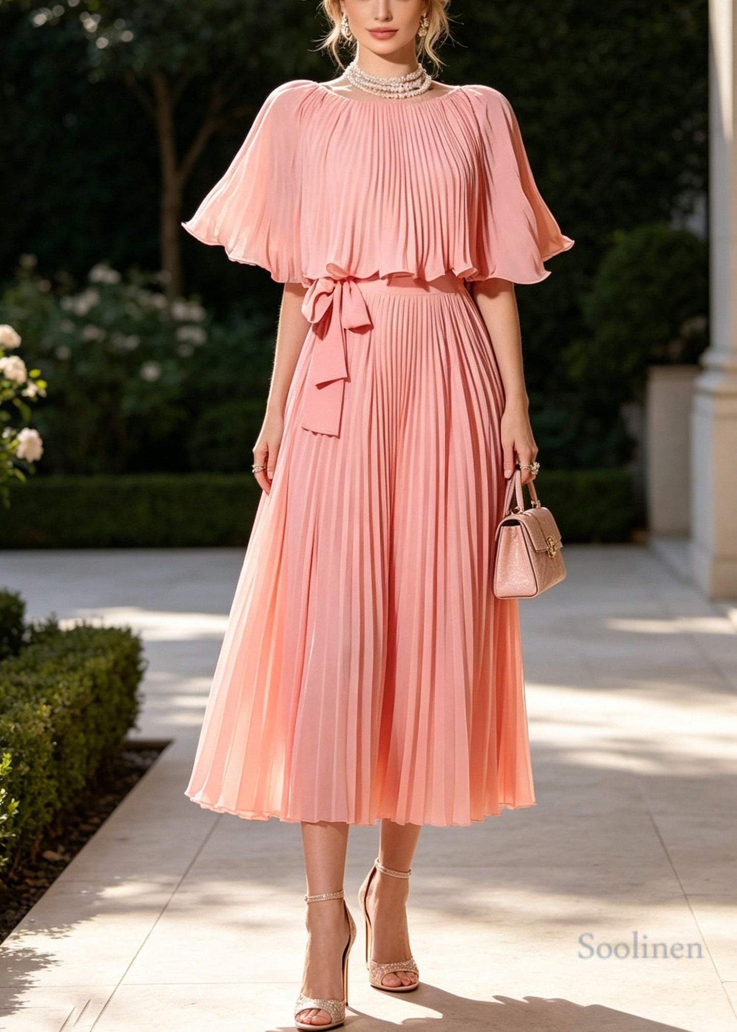 Organic Pink Tie Waist Wrinkled Chiffon Long Dresses Cloak Sleeves
