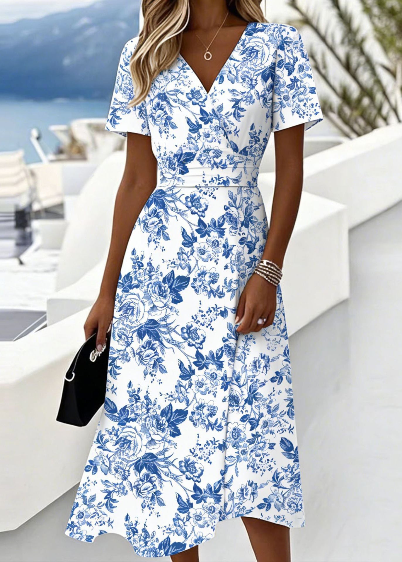 Organic Pink V Neck Print Chiffon Vacation Dresses Summer