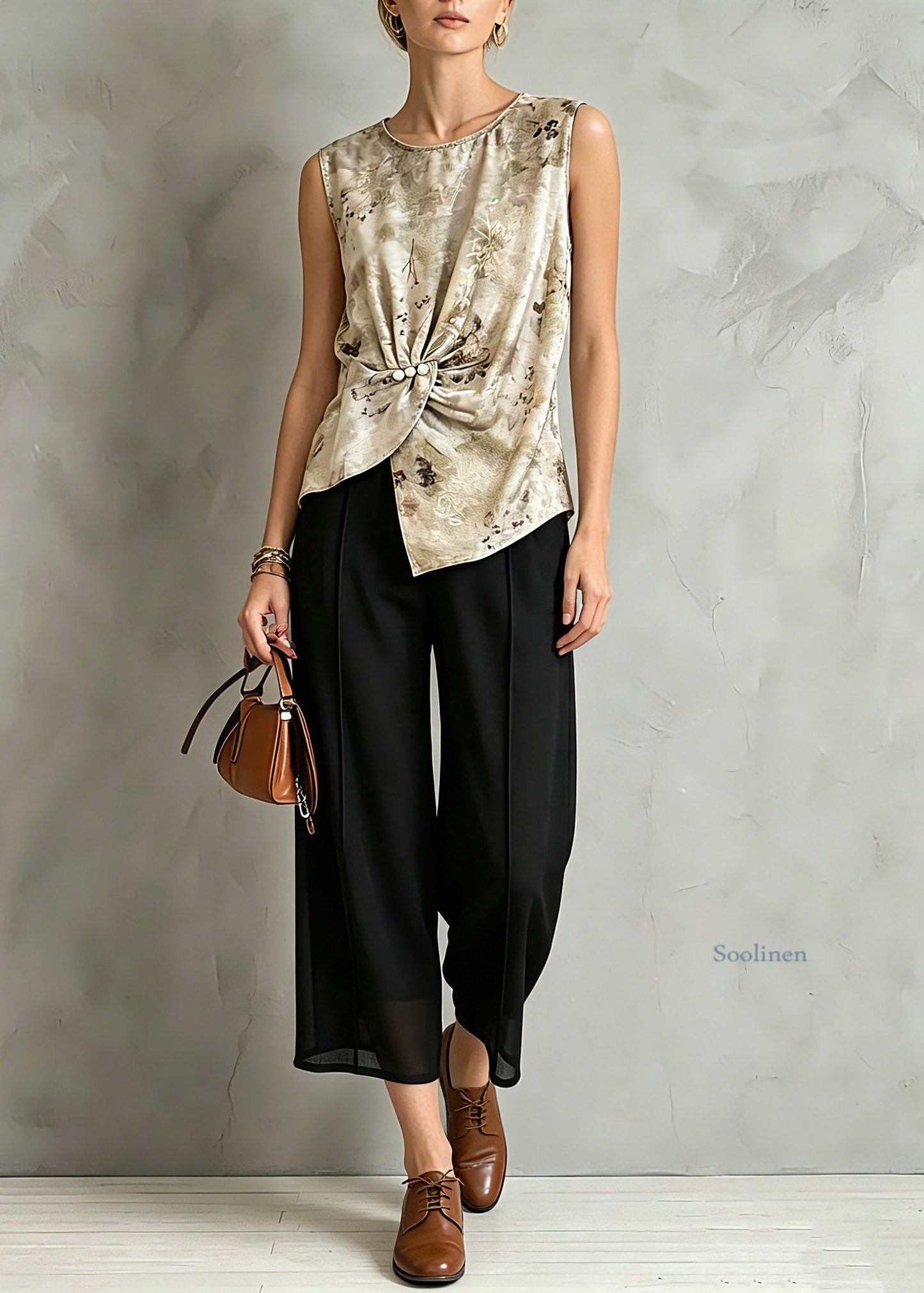Organic Print Silk Tops And Crop Pants Two Pieces Set Short Sleeve