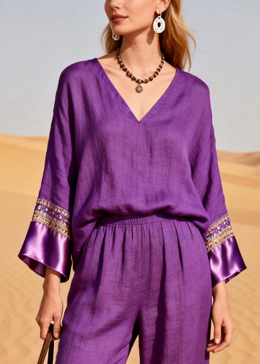 Organic Purple V Neck Patchwork Silk Cotton Two Piece Set Spring