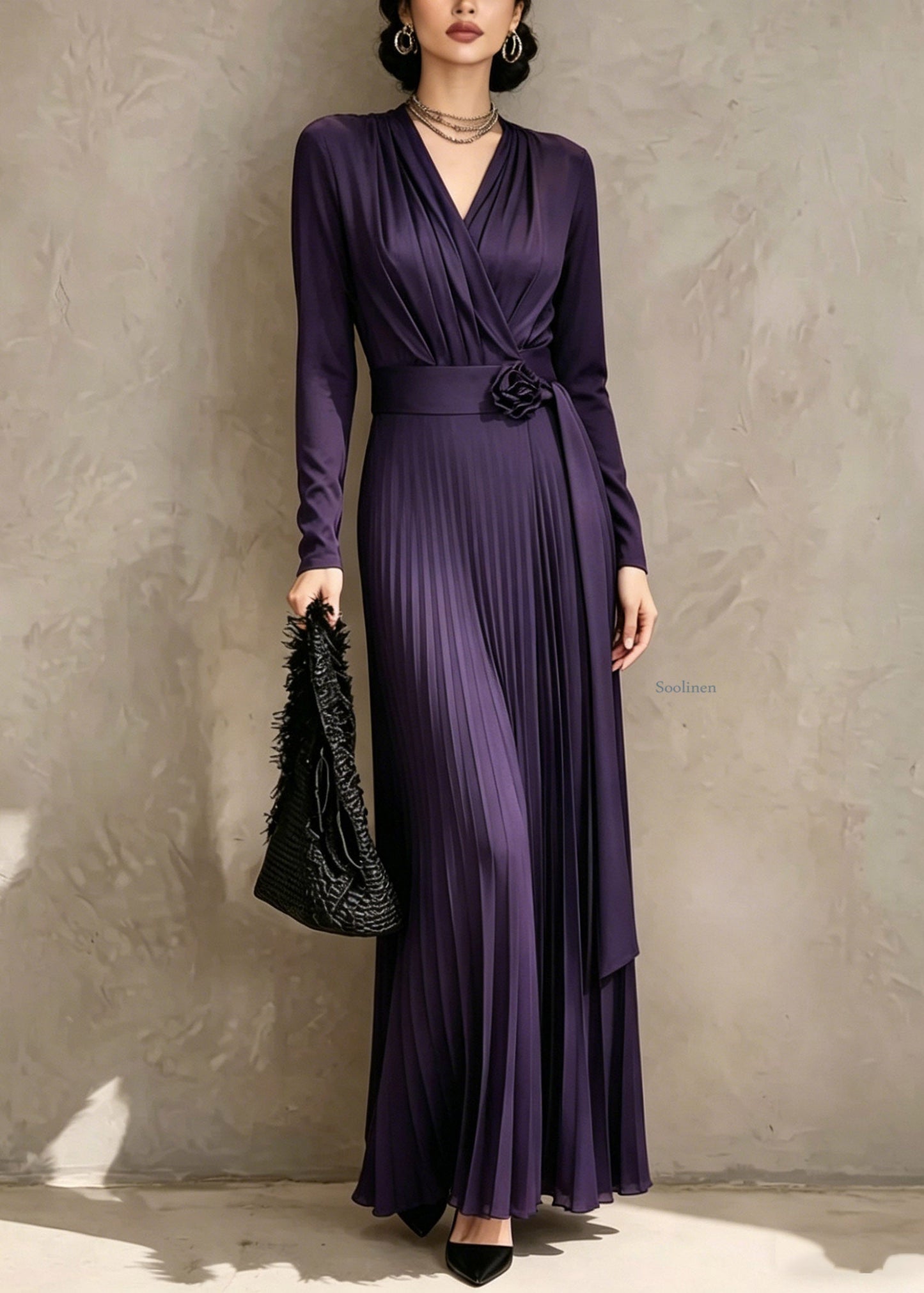 Organic Purple V Neck Tunic Solid Maxi Dress Fall