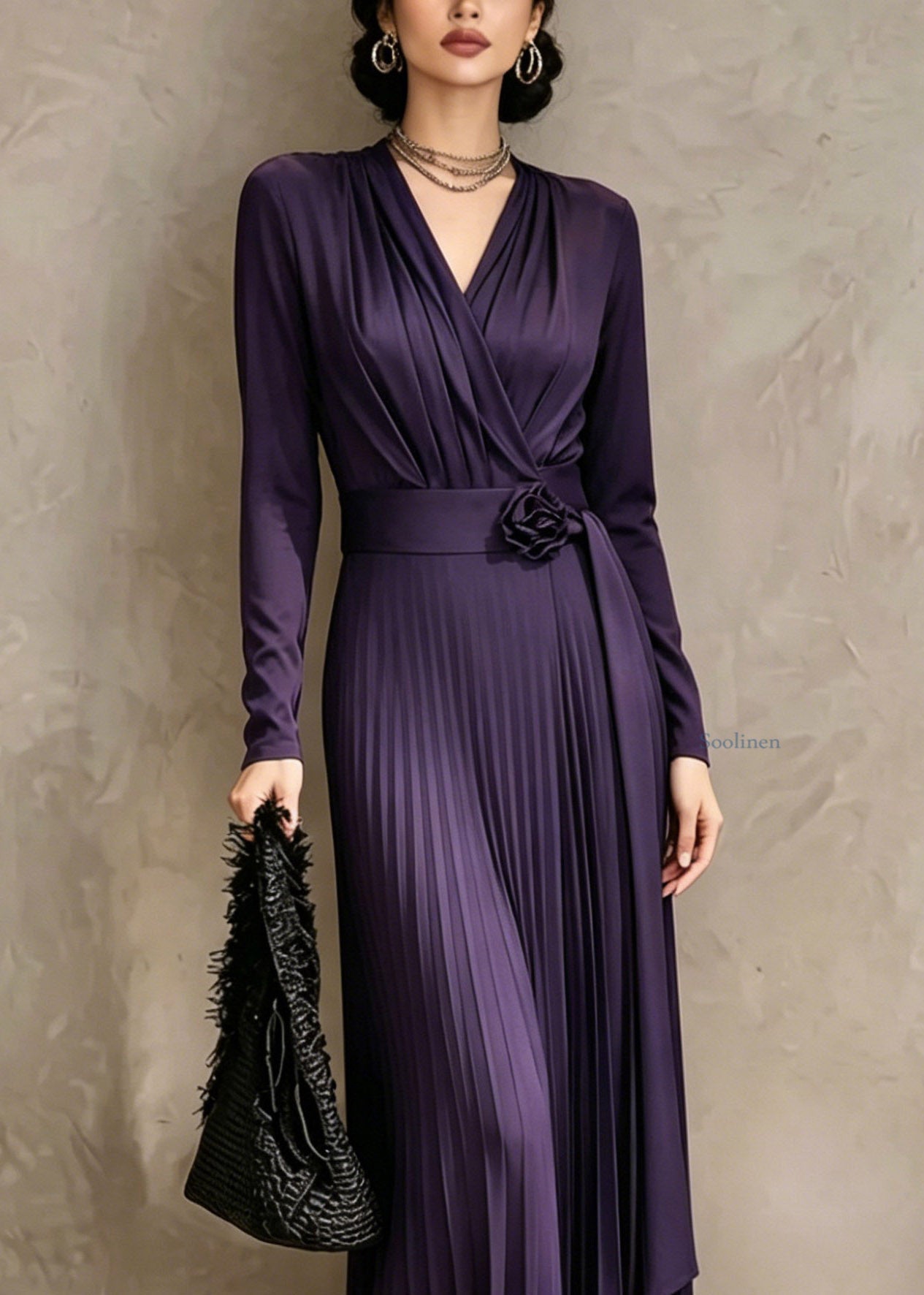 Organic Purple V Neck Tunic Solid Maxi Dress Fall