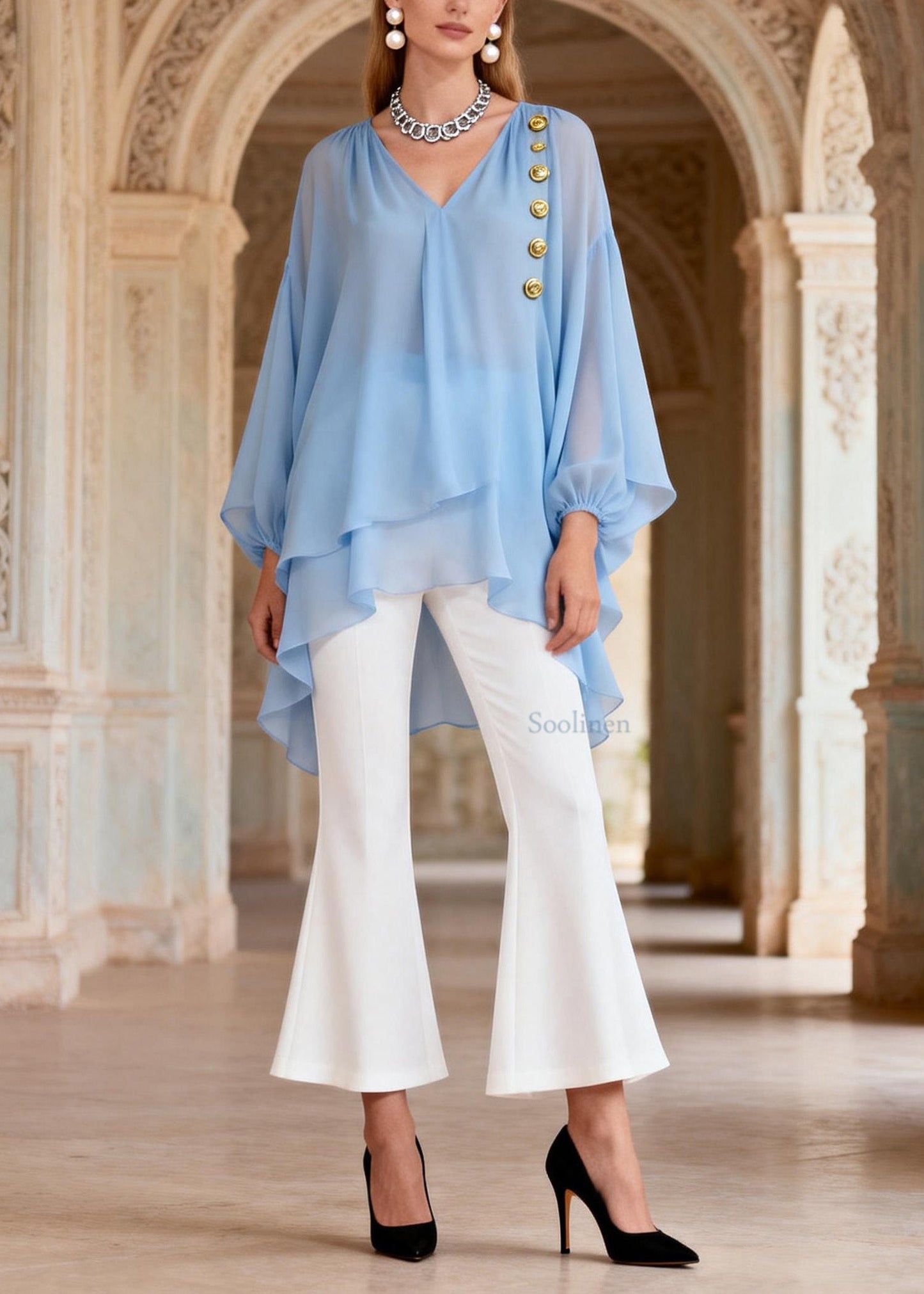 Organic V Neck Top And Pants Chiffon Two Piece Set Outfits Spring