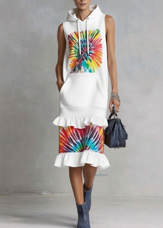 Organic White Ruffled Pocket Drawstring Holiday Long Dress Sleeveless